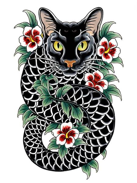 04611-2242574097-best quality, masterpiece,TBD,tattoo, a black snake with a (cat's head_1.2),flower, white background,  _lora_TBD-000008_0.9_.png